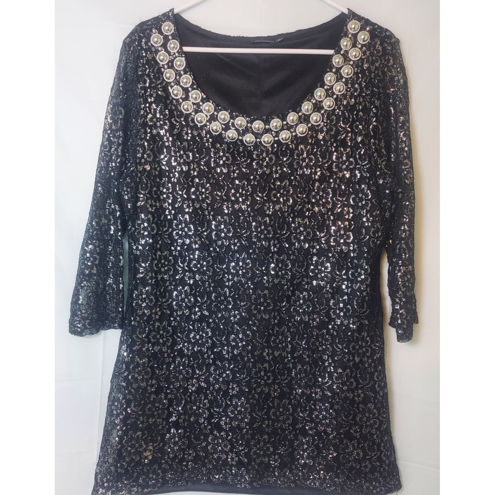 Lavanya Woman Black‎ Silver Lurex Floral Lace Tunic Studded Scoop Neck Top 1X